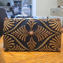 Load image into Gallery viewer, Black gold silk evening bag with carnelian and garnets