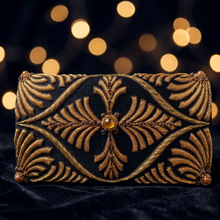 Load image into Gallery viewer, Black gold silk evening bag with carnelian and garnets