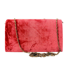 Load image into Gallery viewer, Back of salmon red washed velvet clutch purse.