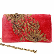 Load image into Gallery viewer, Salmon red velvet luxury evening clutch bag embroidered with two large flowers on the bias in antique gold color and embellished with genuine gemstones, floral wedding clutch, red and gold zardozi purse.