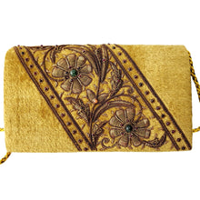 Load image into Gallery viewer, Luxury gold velvet evening clutch bag embroidered with two large gold flowers on  the bias, and embellished with genuine gemstones, floral wedding clutch, gold zardozi purse.