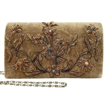 Load image into Gallery viewer, Tan brown velvet luxury designer evening clutch bag embroidered with flowers in antique gold color and embellished with genuine gemstones, floral wedding clutch, brown and gold zardozi purse.