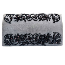 Load image into Gallery viewer, Luxury gray velvet evening clutch bag hand embroidered with black colored flowers and embellished with genuine gemstones, floral wedding clutch, black and gray zardozi purse.