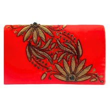 Load image into Gallery viewer, Orange velvet luxury evening clutch bag embroidered with two large flowers on the bias in antique gold color and embellished with genuine gemstones, floral wedding clutch, orange gold zardozi purse.