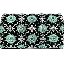 Load image into Gallery viewer, Luxury black velvet evening clutch bag with embroidered silver arabesque pattern and teal green flowers embellished with genuine quartz stones, floral wedding clutch, silver and green zardozi purse.