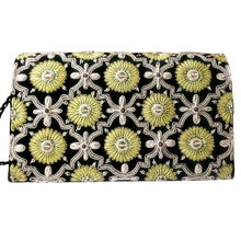 Load image into Gallery viewer, Luxury black velvet evening clutch bag with embroidered silver arabesque pattern and chartreuse green flowers embellished with genuine quartz stones, floral wedding clutch, silver and green zardozi purse.