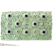 Load image into Gallery viewer, Luxury green silk evening clutch bag embroidered with geometric pattern of eight sided stars and flowers in white silver color and embellished with genuine jade gemstones, formal clutch, silver green zardozi purse.