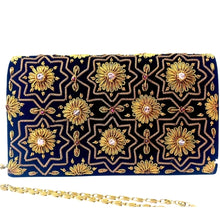 Load image into Gallery viewer, Luxury black velvet evening clutch bag embroidered with geometric pattern of eight sided stars and flowers in antique gold color and embellished with genuine quartz gemstones, formal clutch, gold black zardozi purse.
