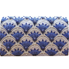 Load image into Gallery viewer, Art Deco inspired luxury gray velvet evening clutch bag embroidered with blue and silver peacock feather pattern or fish scale pattern and embellished with genuine lapis lazuli gemstones, formal clutch, gray silver and blue zardozi purse.
