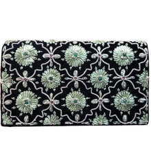 Load image into Gallery viewer, Luxury black velvet evening clutch bag with embroidered silver arabesque pattern and green flowers embellished with genuine gemstones, floral wedding clutch, silver and green zardozi purse.