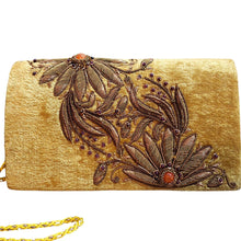 Load image into Gallery viewer, Gold velvet luxury evening clutch bag embroidered with two large flowers on the bias in antique gold color and embellished with genuine gemstones, floral wedding clutch, gold zardozi purse.