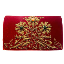 Load image into Gallery viewer, Luxury burgundy red velvet evening clutch bag embroidered with three daisy flowers in antique gold color and embellished with genuine gemstones, floral wedding clutch, red and antique gold zardozi purse.
