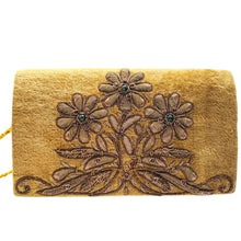 Load image into Gallery viewer, Luxury yellow gold velvet evening clutch bag embroidered with three daisy flowers in antique gold color and embellished with genuine gemstones, floral wedding clutch, yellow and antique gold zardozi purse.