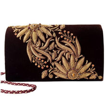 Load image into Gallery viewer, Chocolate brown velvet luxury evening clutch bag embroidered with two large flowers on the bias, in antique gold color and embellished with genuine gemstones, floral wedding clutch, brown and gold zardozi purse.