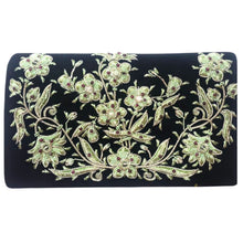 Load image into Gallery viewer, Black velvet luxury designer evening clutch bag embroidered with green flowers and embellished with genuine gemstones, floral wedding clutch, black green zardozi purse.
