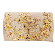 Load image into Gallery viewer, Gold silk luxury designer evening clutch bag embroidered with yellow gold flowers and embellished with genuine gemstones, floral wedding clutch, gold zardozi purse.