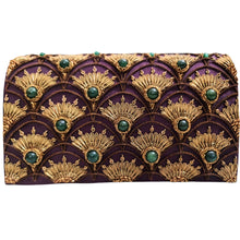 Load image into Gallery viewer, Art Deco inspired luxury eggplant purple evening clutch bag embroidered with peacock feather pattern or fish scale pattern in antique gold color and embellished with genuine jade gemstones, formal clutch, purple gold zardozi purse.