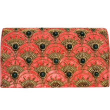 Load image into Gallery viewer, Art Deco inspired luxury coral velvet evening clutch bag embroidered with peacock feather pattern or fish scale pattern in antique gold color and embellished with genuine jade gemstones, formal clutch, orange gold zardozi purse.