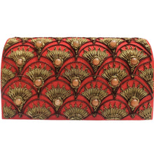 Load image into Gallery viewer, Art Deco inspired luxury red orange silk evening clutch bag embroidered with peacock feather pattern or fish scale pattern in antique gold color and embellished with genuine carnelian gemstones, formal clutch, red orange gold zardozi purse.