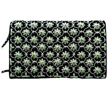 Load image into Gallery viewer, Luxury black velvet evening clutch bag embroidered with silver quatrefoil cloverleaf pattern and green flowers and embellished with genuine garnet gemstones, floral wedding clutch, silver and black and green zardozi purse.