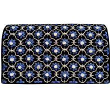 Load image into Gallery viewer, Luxury black velvet evening clutch bag embroidered with silver quatrefoil cloverleaf pattern and marine blue flowers and embellished with genuine moonstone gemstones, floral wedding clutch, silver black blue zardozi purse.
