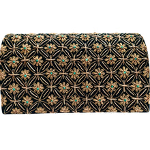 Load image into Gallery viewer, Luxury black velvet evening clutch bag embroidered with antique gold geometric circle pattern with small flowers and embellished with genuine green onyx gemstones, formal clutch, gold black zardozi purse.
