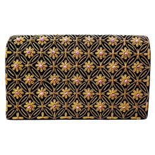Load image into Gallery viewer, Luxury black velvet evening clutch bag embroidered with antique gold geometric circle pattern with small flowers and embellished with genuine amethyst gemstones, formal clutch, gold black zardozi purse.