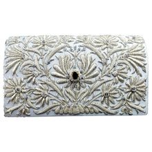 Load image into Gallery viewer, Luxury wedding clutch bag in pale blue silk embroidered with silver all over floral pattern and embellished with central facet cut amethyst gemstone and aqua chalcedony gemstones, bridal purse, mother of the bride purse, blue and silver zardozi purse.