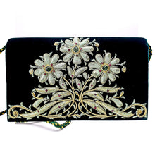 Load image into Gallery viewer, Luxury green velvet evening clutch bag embroidered with three green daisy flowers and embellished with genuine gemstones, floral wedding clutch, black green zardozi purse.