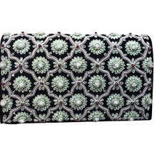 Load image into Gallery viewer, Luxury black velvet evening clutch bag embroidered with silver cloverleaf pattern and mint green flowers and embellished with moonstones and garnet stones, formal purse, black, silver, green zardozi purse.