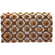 Load image into Gallery viewer, Luxury gray velvet evening clutch bag embroidered with antique gold cloverleaf pattern and flowers and embellished with tiger eye gemstones, formal purse, gray and gold zardozi purse.