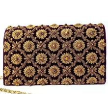 Load image into Gallery viewer, Luxury black velvet evening clutch bag embroidered with antique gold cloverleaf pattern and flowers and embellished with tiger eye and garnet gemstones, formal purse, black and gold zardozi purse.