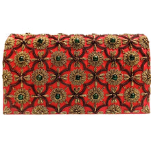 Load image into Gallery viewer, Luxury orange red silk evening clutch bag embroidered with antique gold cloverleaf pattern and flowers and embellished with jade and garnet gemstones, formal purse, black red orange zardozi purse.