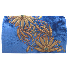 Load image into Gallery viewer, Blue velvet luxury evening clutch bag embroidered with two large flowers on the bias in antique gold color and embellished with genuine gemstones, floral wedding clutch, gold blue zardozi purse.