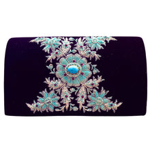 Load image into Gallery viewer, Luxury black velvet evening clutch bag embroidered with turquoise colored central flower and radiating silver leaves and embellished with genuine turquoise gemstone, floral wedding clutch, black and silver and blue zardozi purse.