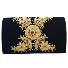 Load image into Gallery viewer, Luxury black velvet evening clutch bag embroidered with turquoise colored central flower and radiating silver leaves and embellished with genuine turquoise gemstone, floral wedding clutch, black and silver and blue zardozi purse.