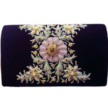 Load image into Gallery viewer, Luxury black velvet evening clutch bag embroidered with pink central flower and radiating green leaves and embellished with genuine tiger eye  gemstone, floral wedding clutch, black pink zardozi purse.
