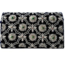 Load image into Gallery viewer, Luxury navy blue velvet evening clutch bag embroidered with antique silver arabesque arches and flowers and embellished with genuine jade and garnet gemstones, formal clutch, navy blue and silver zardozi purse