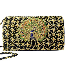 Load image into Gallery viewer, Vintage inspired peacock clutch bag with embroidered peacock on silver lattice background with genuine gemstones, zardozi purse.