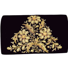 Load image into Gallery viewer, Luxury black velvet evening clutch bag embroidered with a bouquet of three flowers in yellow gold and embellished with genuine carnelian and garnet gemstones, floral wedding clutch, black and gold zardozi purse.