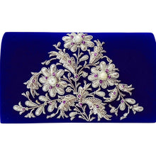 Load image into Gallery viewer, Luxury cobalt blue velvet evening clutch bag embroidered with a bouquet of three silver flowers and embellished with genuine moonstone and amethyst gemstones, floral wedding clutch, blue and silver zardozi purse.