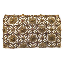 Load image into Gallery viewer, Luxury beige gold silk evening clutch bag embroidered with geometric pattern of antique gold eight sided star and flowers and embellished with tiger eye and garnet gemstones, formal purse, beige gold zardozi purse.