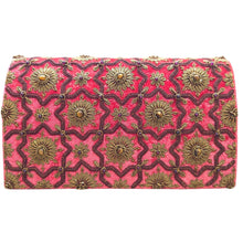 Load image into Gallery viewer, Luxury pink red velvet evening clutch bag embroidered with geometric pattern of silver eight sided star and flowers in antique gold and embellished with tiger eye and garnet gemstones, formal purse, pink, red antique gold zardozi purse.