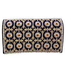 Load image into Gallery viewer, Luxury black velvet clutch bag embroidered with goldwork and embellished with tiger eye stones., zardozi purse and faux pearls.