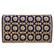 Load image into Gallery viewer, Luxury black velvet purse embroidered with gold work and embellished with genuine green onyx stones, zardozi purse with faux pearls.