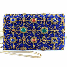 Load image into Gallery viewer, Cobalt blue dupioni silk evening clutch bag embroidered with antique gold wave pattern and embellished with eight bezel set genuine gemstones including lapis lazuli, green onyx and jasper, Egyptian blue clutch, blue and gold zardozi purse.