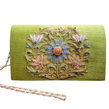Load image into Gallery viewer, Luxury chartreuse green dupioni silk evening clutch bag embroidered with large central floral wreath in pastel blue, pink and orange and embellished with genuine gemstones, floral wedding clutch, green and multicolor zardozi purse.
