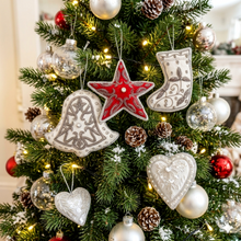 Load image into Gallery viewer, Silver and Burgundy Handmade Holiday Ornaments Set of 5