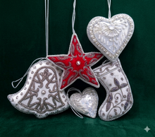 Load image into Gallery viewer, Silver and Burgundy Handmade Holiday Ornaments Set of 5