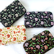 Load image into Gallery viewer, Set of four hard case clutch bags embroidered in an all over floral pattern and embellished with semi precious gemstones.